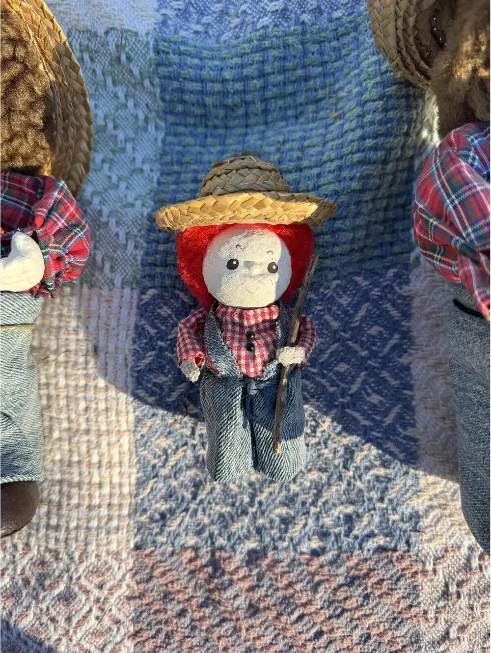 Vintage Set of Four Handmade Farmer Dolls with Straw Hats and Denim Overalls